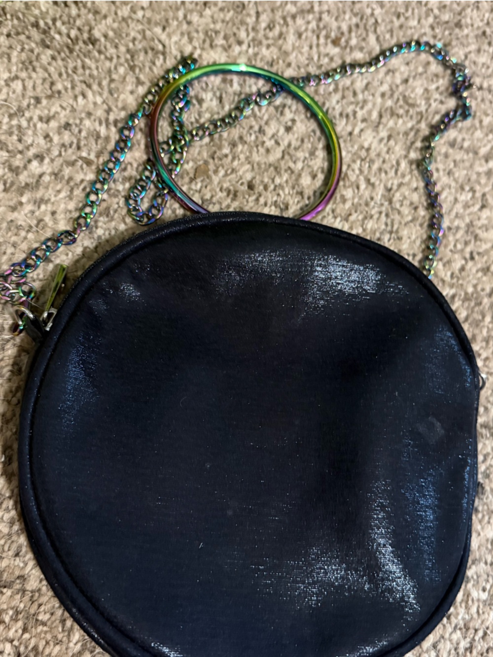 Nina Black Round Crossbody Bag with Iridescent Chain